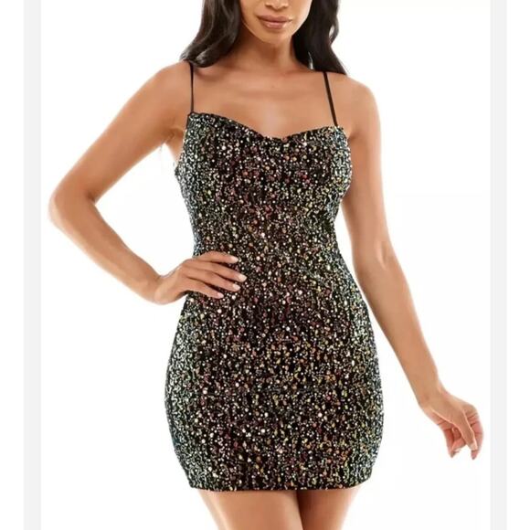 NWT City Studios Macy's Little Black Dress Pearl Sequence Mini Strappy Sz M - Picture 1 of 7